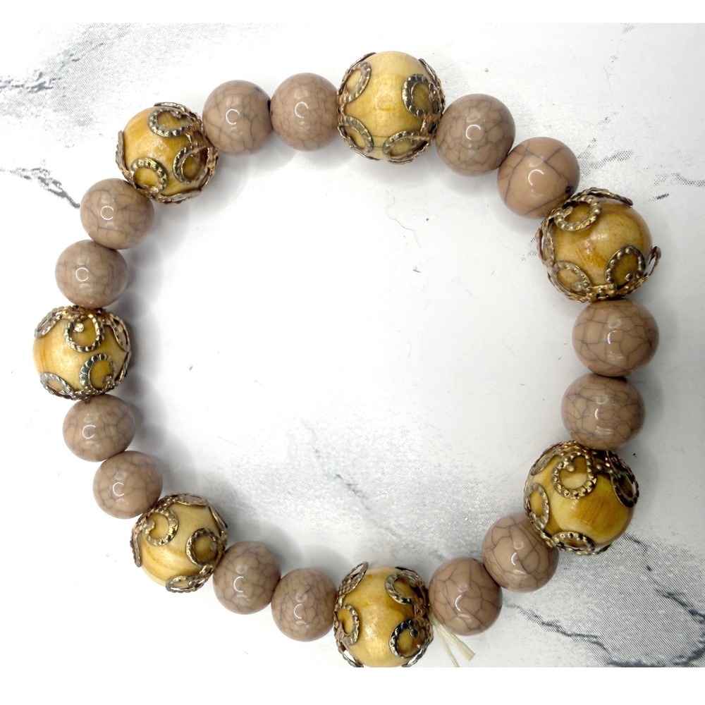 Taupe‎ Glass Bead Stretch Bracelet Gold Tone Decorative Caps 7" Neutral Jewelry